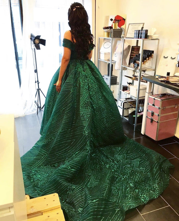 Off the Shoulder High Slit Emerald Green Satin Long Prom Dresses, Long –  Eip Collection